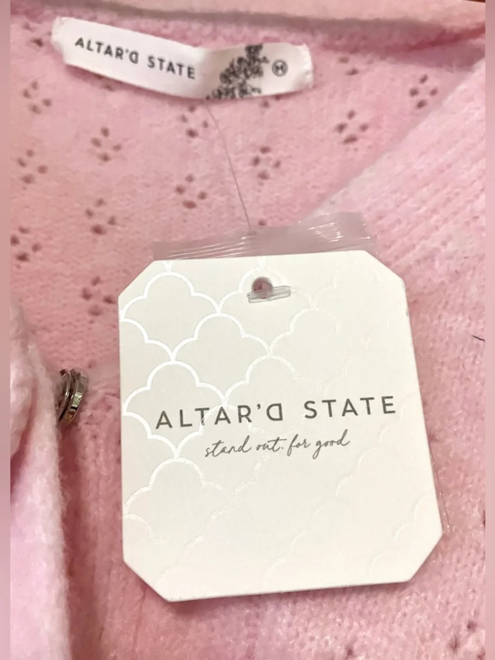 Altar'd State Light Pink Cropped Knit Cardigan with Rose Buttons: Medium